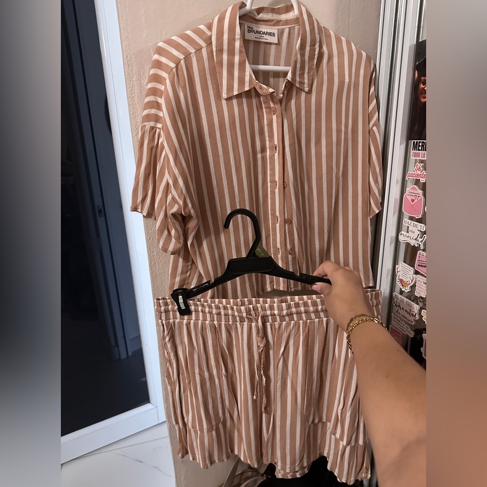 Zara Tan and White Striped Shirt and Shorts Set